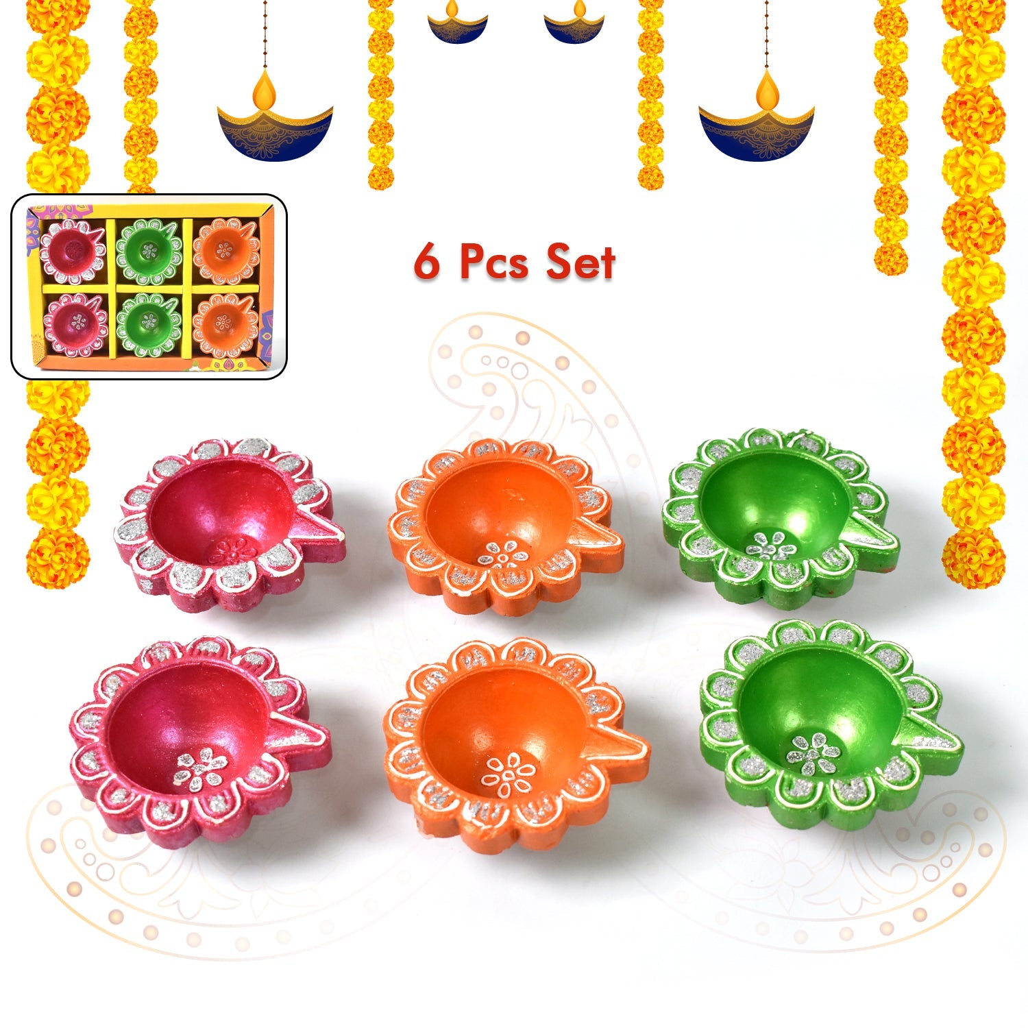 Decorative Hand Painted Clay Puja Diya for Diwali Home Indoor Outdoor Handmade Diya (6 Pcs Set/ Mix Design) Decorative Hand Painted Clay Puja Diya for Diwali Home Indoor Outdoor Handmade Diya (6 Pcs Set/ Mix Design)